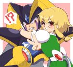  !? 1boy 1girl arm_around_neck arm_cannon armor artist_request bass_(mega_man) black_armor black_helmet blonde_hair blush bodysuit clenched_teeth dress facial_mark fang gift_art green_dress grey_bodysuit highres hug mega_man_(classic) mega_man_(series) original pink_background red_eyes robot_girl scar scar_on_face second-party_source short_sleeves shoulder_armor sidelocks srnhuyuno teeth upper_body v watermark weapon 