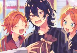  3boys aoi_hinata aoi_yuta behind_another bishounen blurry blurry_background ensemble_stars! fang gift_bag happy happy_birthday happy_tears highres male_focus multiple_boys nagatuki_anst out_of_frame patting_back portrait sakuma_rei_(ensemble_stars!) sparkling_aura tearing_up tears tongue wavy_mouth window 