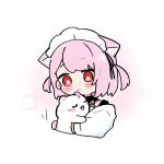  1girl :&lt; animal_ears black_collar black_dress black_ribbon blush_stickers brown_ribbon cat cat_ears cat_girl chibi closed_mouth collar detached_collar dress hug indie_virtual_youtuber jacket long_sleeves looking_at_another maid_headdress medium_hair mikeneko_(vtuber) mikeneko_(vtuber)_(4th_costume) pink_hair red_eyes ribbon sakana_(saka11205) simple_background sleeves_past_wrists smile two_side_up virtual_youtuber white_background white_headdress white_jacket 