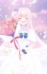  1girl ^_^ absurdres blue_archive blush bouquet capelet closed_eyes dress facing_viewer falling_petals feathered_wings hair_bun halo highres holding holding_bouquet long_hair mika_(blue_archive) petals pink_hair scrunchie single_side_bun smile solo very_long_hair white_capelet white_dress white_wings wings wrist_scrunchie yahagi_(yui1251) 