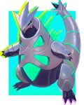  absurdres alternate_color aqua_eyes armor black_sclera claws colored_sclera colored_skin fangs green_armor grey_skin highres iron_thorns long_tail metal no_humans non-humanoid_robot pokemon pokemon_(creature) robot shiny_pokemon skin_fangs solo standing tail truejekart v-shaped_eyes 