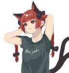  1girl :3 alternate_costume animal_ears arms_behind_head black_shirt cat_ears cat_girl cat_tail closed_mouth commentary_request extra_ears highres kaenbyou_rin multiple_tails red_eyes redhead shirt simple_background solo tail touhou twitter_username two_tails upper_body white_background yadoyuki 