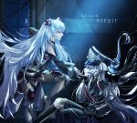  2girls altair_(re:creators) armband armored_skirt bell_sleeves belt belt_bag black_socks blue_eyes broken_glass broken_window chain chained chained_wrists clone detached_sleeves english_text expressionless gauntlets glass gold_trim hand_on_another&#039;s_chin hat highres implied_yuri indoors kneehighs lion_head_(ornament) long_hair long_sleeves medium_skirt moon_light multicolored_eyes multiple_girls platform_footwear re:creators red_armband red_eyes shako_cap single_bare_shoulder sirius_(re:creators) skirt socks twintails very_long_hair window yumiemie2333 