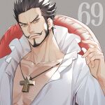 1boy beard black_hair closed_mouth commentary_request cross_pendant dracule_mihawk facial_hair frilled_shirt frills grey_background looking_ahead male_focus mustache numbered on_chair one_piece shirt short_hair simple_background solo white_shirt yellow_eyes yoshicha 