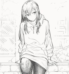  1girl arm_support brick_wall bush closed_mouth cowboy_shot fence greyscale hood hood_down hoodie long_hair long_sleeves looking_to_the_side miniskirt monochrome original outdoors pencil_skirt sign signature sitting skirt sohin solo 