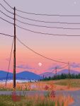 cable clouds commentary english_commentary evening gradient_sky grass horizon jubilee_(8pxl) mountain mountainous_horizon no_humans original outdoors pixel_art river scenery sky sunset tree utility_pole water 