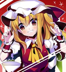  1girl blonde_hair breasts crystal_wings flandre_scarlet hand_up hat hat_ribbon kujou_mikuru mob_cap open_mouth red_background red_eyes red_ribbon ribbon smile solo touhou upper_body white_hat 