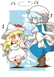  2girls blonde_hair blue_hair blush_stickers boots bow brown_footwear chibi clenched_hand closed_eyes dress from_behind hand_grab hat hat_bow letty_whiterock lily_white long_sleeves looking_at_another looking_to_the_side multiple_girls musical_note open_mouth red_bow red_sleeves scarf shirt short_hair smile standing standing_on_one_leg touhou white_dress white_shirt wings zannen_na_hito 