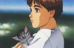  1990s_(style) 1girl artist_request blue_eyes blurry blurry_background carrying cat closed_eyes holding izumi_noa key_visual kidou_keisatsu_patlabor official_art pet promotional_art redhead retro_artstyle scan short_hair sleeping traditional_media 