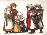  armor balance_scale_print basket belt boots brown_eyes brown_hair buckler character_doll gambeson gloves habit helmet holding hug ironlily kettle_helm kite_shield long_hair medieval multiple_girls ordo_mediare_sisters_(ironlily) scabbard sheath shield standing sword twin_braids_sister_(ironlily) weapon 