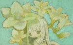  1girl aqua_background closed_mouth dot_nose expressionless flower grey_eyes grey_hair highres ju6mei long_hair no_sclera original painting_(medium) solo traditional_media white_flower wing_collar 