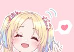  1girl ^_^ blonde_hair blue_hair blush closed_eyes commentary_request facing_viewer fang flower gradient_hair hair_flower hair_ornament hands_up heart highres hiyori_(20hiyori727) light_blue_hair link!_like!_love_live! long_hair love_live! motion_lines multicolored_hair open_mouth osawa_rurino outline parted_bangs pink_background pink_flower simple_background skin_fang smile solo speech_bubble spoken_heart twintails virtual_youtuber white_flower white_outline 