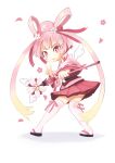  cherry_blossoms disgaea disgaea_rpg falling_petals flower flower_ornament hair_flower hair_ornament hat highres hime_cut holding holding_staff long_hair magical_girl miniskirt petals pink_eyes pink_hair pink_ribbon pink_skirt ribbon ribbon-trimmed_sleeves ribbon_trim sandals sicily_(disgaea) skirt smile staff thigh-highs v white_background white_thighhighs wings yabisara zouri 