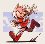 1girl amy_rose boots commentary dress fangs full_body furrowed_brow furry furry_female gloves green_eyes hairband hedgehog_ears hedgehog_tail highres hoodedmask open_mouth pink_hair pleated_dress red_dress red_footwear red_hairband running short_dress smile solo sonic_(series) waving white_gloves 