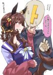  1boy 1girl animal_ears blush breasts brown_hair commentary_request ear_covers ear_ornament flirting gentildonna_(umamusume) hand_on_another&#039;s_chin horse_ears horse_girl horse_tail jacket medium_breasts nodachi_(artist) red_eyes simple_background single_ear_cover smile sweat tail tail_wrap tracen_training_uniform trainer_(umamusume) translation_request umamusume white_background 
