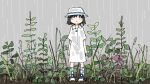  1girl arms_at_sides black_hair blue_footwear blue_socks blush character_request closed_eyes closed_mouth copyright_request dress facing_viewer full_body highres outdoors overcast plant rain shoes short_hair short_sleeves sky smile socks solo standing tsukumizu_yuu wet wet_clothes white_dress white_hat 