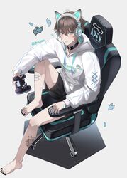  1boy absurdres animal_ears aqua_eyes bandaid bandaid_on_face barefoot black_nails black_shorts blue_nails cat_ears chair cinnamoroll closed_mouth controller fake_animal_ears feet game_controller headphones highres holding holding_controller holding_game_controller hood hoodie joystick leg_tattoo lion_2929 long_sleeves male_focus original shorts solo tattoo toes white_hoodie 