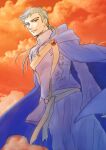  1boy artist_name cape character_request check_character clouds highres honzuki_no_gekokujou lestilaut_(honzuki_no_gekokujou) long_sleeves looking_at_viewer male_focus momorisu4 outdoors ponytail red_eyes solo 