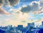  apartment blue_sky building city cityscape clouds cloudy_sky day didi_daisukedoi highres no_humans orange_sky original painting_(medium) sky skyline skyscraper traditional_media watercolor_(medium) 