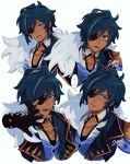  ... 1boy artist_name blue_eyes blue_hair cape cleavage_cutout clothing_cutout cowlick cropped_torso dark-skinned_male dark_skin detached_collar earrings expressions eyepatch fur_cape genshin_impact hair_between_eyes hair_over_shoulder highres jewelry kaeya_(genshin_impact) layered_clothes low_ponytail medium_hair multicolored_hair multiple_views outline pectoral_cleavage pectorals portrait side_cape simple_background single_earring streaked_hair sundaejck unkempt white_background white_outline 