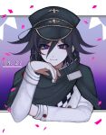  1boy aro_a black_cape black_hair black_hat cape checkered_clothes checkered_scarf confetti danganronpa_(series) danganronpa_v3:_killing_harmony dated flipped_hair gradient_background grey_jacket hair_between_eyes hand_up hat highres jacket long_sleeves male_focus medium_hair multicolored_hair oma_kokichi pink_hair purple_background scarf smile solo two-tone_hair upper_body violet_eyes 
