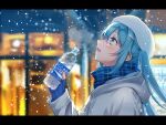  1girl beret blue_eyes blue_hair blush bottle breath drink from_side hair_ornament hairclip hat hatsune_miku holding holding_bottle holding_drink hood hood_down hooded_jacket iluka_(ffv7) jacket letterboxed long_hair long_sleeves looking_up night open_mouth outdoors plaid plaid_scarf pocari_sweat profile scarf sleeves_past_wrists smile snowing solo twintails upper_body vocaloid water_bottle 