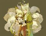  1boy 1girl animal_ear_fluff animal_ears artist_name bacheally bell blunt_bangs brown_eyes closed_mouth dated fox_ears fox_girl fox_tail genderswap genderswap_(ftm) genderswap_(mtf) green_hair green_kimono green_theme hair_between_eyes hair_ornament holding holding_hands japanese_clothes kimono kitsune kyuubi long_hair long_sleeves looking_at_viewer low_twintails miko multiple_tails obi original sash signature simple_background smile smoke tail twintails very_long_hair white_kimono wide_sleeves 