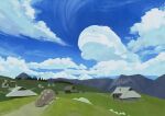  absurdres blue_sky building clodsire clouds day english_commentary fence grass highres mountain mountainous_horizon no_humans outdoors pikat pokemon pokemon_(creature) rock scenery signature sky solo 