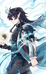  1boy aqua_horns black_gloves black_hair blue_eyes dan_heng_(honkai:_star_rail) dragon_boy dragon_horns ear_piercing earrings eastern_dragon_horns fingerless_gloves from_side gloves hair_between_eyes highres holding holding_polearm holding_weapon honkai:_star_rail honkai_(series) horns jacket jewelry long_sleeves male_focus medium_hair mekotyann piercing pointy_ears polearm simple_background single_fingerless_glove solo spear upper_body weapon white_background white_jacket 