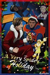  2girls 3boys absurdres animal_print animification antlers arm_up artist_name bell black_bodysuit black_footwear black_hair blonde_hair blue_background blue_bodysuit blue_border blue_eyes bodysuit boots border bow brown_eyes brown_hair brown_pants candy candy_cane chair clenched_hand closed_eyes closed_mouth confetti covered_collarbone crossed_legs dark-skinned_male dark_skin deer_antlers english_text facial_hair fake_antlers food freckles fur-trimmed_headwear fur-trimmed_robe fur_trim glasses glitch grey_hair gwen_stacy hair_ribbon half-closed_eyes hand_on_own_hip happy_holidays hat highres holding holding_bell hologram hood hooded_bodysuit horns korean_commentary looking_at_another lyla_(marvel) marvel miguel_o&#039;hara miles_morales mistletoe multicolored_bodysuit multicolored_clothes multicolored_hair multiple_boys multiple_girls muscular muscular_male musical_note pants peter_b_parker pink_bodysuit pink_hair pink_hat pom_pom_(clothes) red_bodysuit red_bow red_eyes red_hat red_robe red_shirt ribbon robe santa_hat shirt short_hair simple_background sitting smile spider-gwen spider-man:_across_the_spider-verse spider-man_(2099) spider-man_(miles_morales) spider-man_(series) spider-verse spider_print spiderbbac standing star_(symbol) superhero_costume teeth tongue two-tone_bodysuit two-tone_hair v-shaped_eyebrows white_bodysuit yellow_footwear yellow_hat yellow_ribbon yellow_robe 