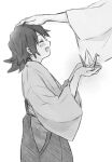  1boy aged_down asymmetrical_clothes black_hair brother_and_sister child demon_slayer_uniform facing_another from_side greyscale hand_on_another&#039;s_head haori happy headpat highres japanese_clothes kimetsu_no_yaiba long_hair long_sleeves monochrome origami out_of_frame paper_crane profile siblings simple_background tomioka_giyuu tomioka_tsutako wide_sleeves yakiimochan_kmt 