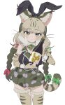  1girl animal_ears bottle cat_ears cat_girl cat_tail elbow_gloves extra_ears fingerless_gloves gloves green_eyes grey_hair highres holding holding_bottle jacket japari_symbol jungle_cat_(kemono_friends) kemono_friends kemono_friends_v_project kunikuni_(kunihiro2005) long_hair looking_at_viewer microphone rabbit_ears ribbon simple_background skirt sleeveless solo tail thigh-highs twintails virtual_youtuber 
