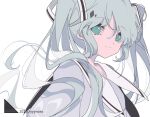  1girl alternate_color aqua_hair bad_id bad_pixiv_id blue_eyes captain_yue closed_mouth floating_hair hatsune_miku long_hair looking_at_viewer simple_background smile solo triangle twintails twitter_username upper_body vocaloid white_background 
