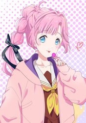  1girl :3 :p ahoge anyoji_hime black_ribbon blonde_hair blue_eyes blunt_bangs blush brown_dress candy chupa_chups closed_mouth collarbone commentary drawn_heart dress food gradient_hair hair_intakes hair_ribbon halftone halftone_background hasu_no_sora_school_uniform heart highres holding holding_candy holding_food holding_lollipop hood hooded_jacket iroenpitsu_xxx jacket link!_like!_love_live! lollipop long_hair long_sleeves looking_at_viewer love_live! multi-tied_hair multicolored_hair neckerchief open_clothes open_jacket pink_hair pink_jacket ponytail purple_background ribbon sailor_collar sailor_dress school_uniform sidelocks solo swept_bangs tongue tongue_out upper_body very_long_hair virtual_youtuber white_sailor_collar winter_uniform yellow_neckerchief 