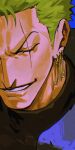  1boy commentary_request earrings green_hair highres jewelry male_focus one_eye_closed one_piece roronoa_zoro scar scar_across_eye scar_on_face short_hair single_earring smile solo teeth vasan5555 