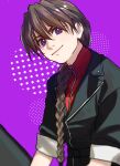  1boy artist_logo belt black_belt black_jacket braid braided_ponytail brown_hair closed_mouth commentary_request duo_maxwell gundam gundam_wing hair_between_eyes hair_over_shoulder head_tilt highres jacket lapels long_hair looking_at_viewer male_focus o-ring purple_background red_shirt shirt single_braid sleeves_rolled_up smile solo upper_body ususio_11 very_long_hair violet_eyes zipper_pull_tab 