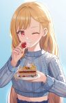  1girl blonde_hair blue_background cake cake_slice closed_mouth earrings food fruit hair_ornament highres holding holding_plate jewelry long_hair long_sleeves looking_at_viewer midriff one_eye_closed plate project_sekai red_eyes smile solo strawberry sweater tenma_saki 