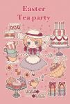  1girl apron blonde_hair blue_eyes cake cake_stand candle candy cerika checkerboard_cookie cookie cup dress easter english_text flower food full_body hat highres macaron muffin original outline pantyhose pink_background purple_dress red_footwear red_ribbon ribbon solo sparkle teacup thumbprint_cookie waist_apron white_hat white_outline white_pantyhose 