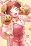  1girl 81_(mellowry) ahoge alternate_costume animal_ears animal_hands animal_print antenna_hair birthday blush breasts brown_hair collar collarbone commentary_request cowboy_shot dog_ears dog_paws dog_print dog_tail dot_nose fake_animal_ears fake_tail fur_trim hands_up hidaka_ai highres hood hood_down hoodie idolmaster idolmaster_dearly_stars long_sleeves open_mouth overalls paw_pose paw_print pink_eyes pink_overalls polka_dot polka_dot_background short_hair smile swept_bangs tail three_quarter_view tongue white_hoodie yellow_background 