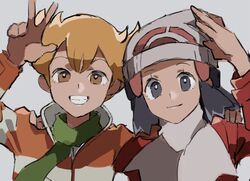  1boy 1girl arm_up barry_(pokemon) beanie blonde_hair blue_eyes blue_hair brown_eyes closed_mouth dark_blue_hair green_scarf grin hair_ornament half_updo hat hikari_(pokemon) long_hair long_sleeves pokemon pokemon_dppt pokemon_platinum scarf shichibee_(stm_mimi) shirt short_hair smile striped_clothes striped_shirt white_hat white_scarf 