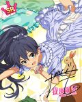 black_hair blue_eyes blush character_name dress ganaha_hibiki idolmaster_million_live!_theater_days long_hair ponytail