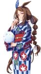  1girl admire_vega_(umamusume) alternate_costume animal_ears braid brown_hair closed_mouth commentary_request cotton_candy ear_covers floral_print food hair_between_eyes hair_ornament highres holding holding_food horse_ears horse_girl horse_tail japanese_clothes kimono long_hair long_sleeves looking_at_viewer low_ponytail ponytail ribbon simple_background single_ear_cover smile solo starheart tail umamusume very_long_hair violet_eyes white_background wide_sleeves 