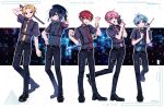  5boys :d :p aiming aiming_at_viewer antenna_hair arm_behind_head bangs_pinned_back baton_(weapon) belt belt_buckle black_belt black_choker black_footwear black_hair black_jacket black_pants blonde_hair blue_hair blue_necktie breast_pocket buckle choker city closed_mouth collar_chain_(jewelry) cowboy_shot cross-laced_footwear crossed_bangs cuffed cuffs danjou_sora english_text finger_on_trigger full_body green_eyes green_hair green_necktie gun hair_between_eyes hair_intakes hair_ornament hairclip hand_on_own_hip hand_up handcuffs harness highres holding holding_baton_(weapon) holding_gun holding_weapon index_finger_raised jacket knight_a leaf_hair_ornament long_hair mahito_(utaite) male_focus multicolored_hair multiple_boys necktie official_art outline pants parted_lips pendant_choker pink_hair pink_necktie pocket police police_uniform policeman ponytail red_eyes red_necktie redhead revolver shiyun_(utaite) shoes short_hair short_sleeves smile soma_(utaite) standing standing_on_one_leg streaked_hair swept_bangs teruto_(utaite) thigh_belt thigh_strap tie_clip tongue tongue_out trigger_discipline uniform utaite vau_(utaite) violet_eyes walkie-talkie weapon white_background white_outline yellow_eyes yellow_necktie 