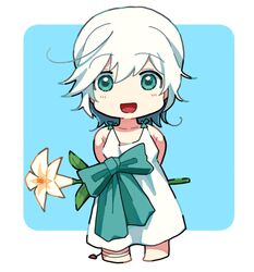  1girl :d arms_behind_back blue_background border bow chibi chibi_only commentary_request dress flower green_bow green_eyes holding holding_flower large_bow medium_hair nier nier_(series) outside_border raril125 simple_background smile solo standing white_border white_dress white_flower white_hair yonah 