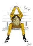  1boy arms_behind_back black_socks blonde_hair finn_oldman full_body head_down high_card leaning_forward male_focus mojisan_(ebimo) on_bench short_hair sitting socks solo stretching suit yellow_suit 