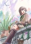  1girl backlighting bird blue_eyes blurry book boots bow brown_hair commentary dated depth_of_field earrings fantasy flower garden happy highres jewelry knee_boots looking_to_the_side open_mouth original petals plant potted_plant school_uniform serafuku shiki_makoto short_hair signature sitting skirt smile squirrel sunlight tree 