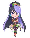  1girl :d black_hair blue_hair boots brown_gloves carron_(waccha_primagi!) chibi commentary_request dolldolldd dress flower frilled_dress frills full_body ghost gloves green_flower green_rose halloween_costume hand_on_own_cheek hand_on_own_elbow hand_on_own_face hand_up jack-o&#039;-lantern long_hair looking_at_viewer multicolored_hair open_mouth orange_footwear pretty_series puffy_short_sleeves puffy_sleeves purple_flower purple_hair purple_rose rose short_sleeves simple_background smile solo standing very_long_hair violet_eyes waccha_primagi! white_background 