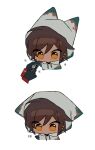  1girl 1other animal_ears black_gloves brown_eyes brown_hair chibi claws coat dante_(limbus_company) dark-skinned_female dark_skin digging e.g.o_(project_moon) earrings fox_ears gloves highres hood hood_up hoodie jewelry korean_text limbus_company nail_clippers outis_(project_moon) pawpads pet_nail_clippers project_moon raincoat red_coat short_hair sparkle yippee 