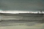  2others bare_tree clouds cloudy_sky cross grass grey_sky highres mouen_tw multiple_others night original painting_(medium) scenery sky traditional_media tree watercolor_(medium) 