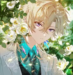  1boy aqua_shirt aventurine_(honkai:_star_rail) blonde_hair closed_mouth collared_shirt earrings flower hair_between_eyes highres honkai:_star_rail honkai_(series) jewelry looking_at_viewer male_focus multicolored_eyes necktie shirt short_hair solo suit two-tone_eyes u37777123 